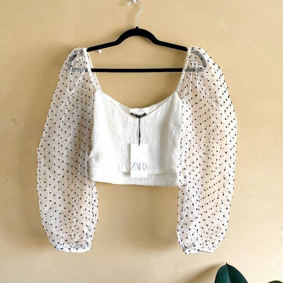 Zara Dotted Mesh Puff Sleeves Size M - Picture 1 of 5